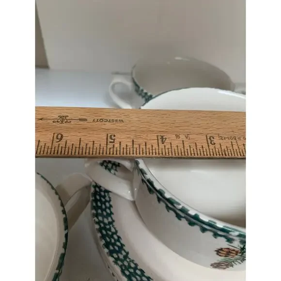 VTG Thomson Stoneware Green Sponge Pinecone Handled Soup Bowls & Plates Set of 4 - Picture 6 of 7